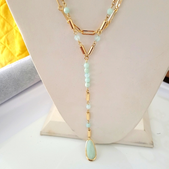 Anne Klein Layered Lariat Gold-Tone Beaded Necklace / Mint - Picture 5 of 9